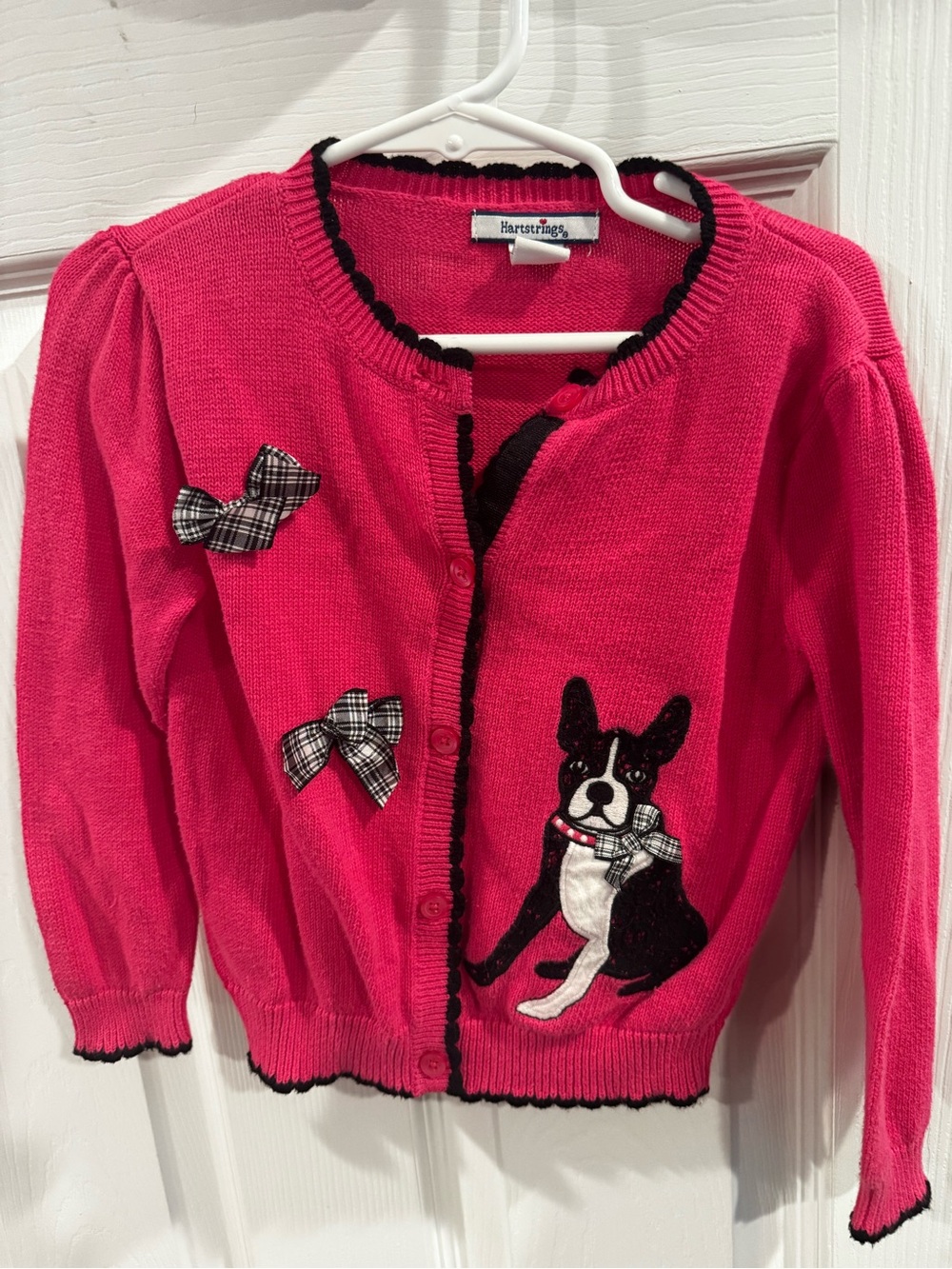 Hartstrings Hot Pink Cardigan with Dog Appliqué and Plaid Bows